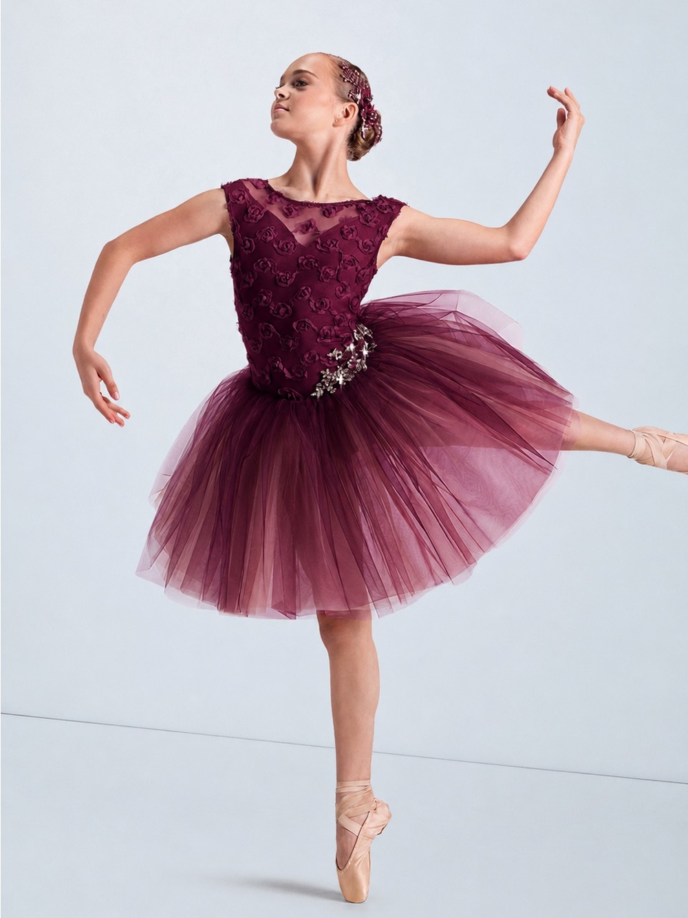Weissman Adult Burgundy Tulle Tutu Dance Costume Leotard Rose Bay Flowers Sz SA